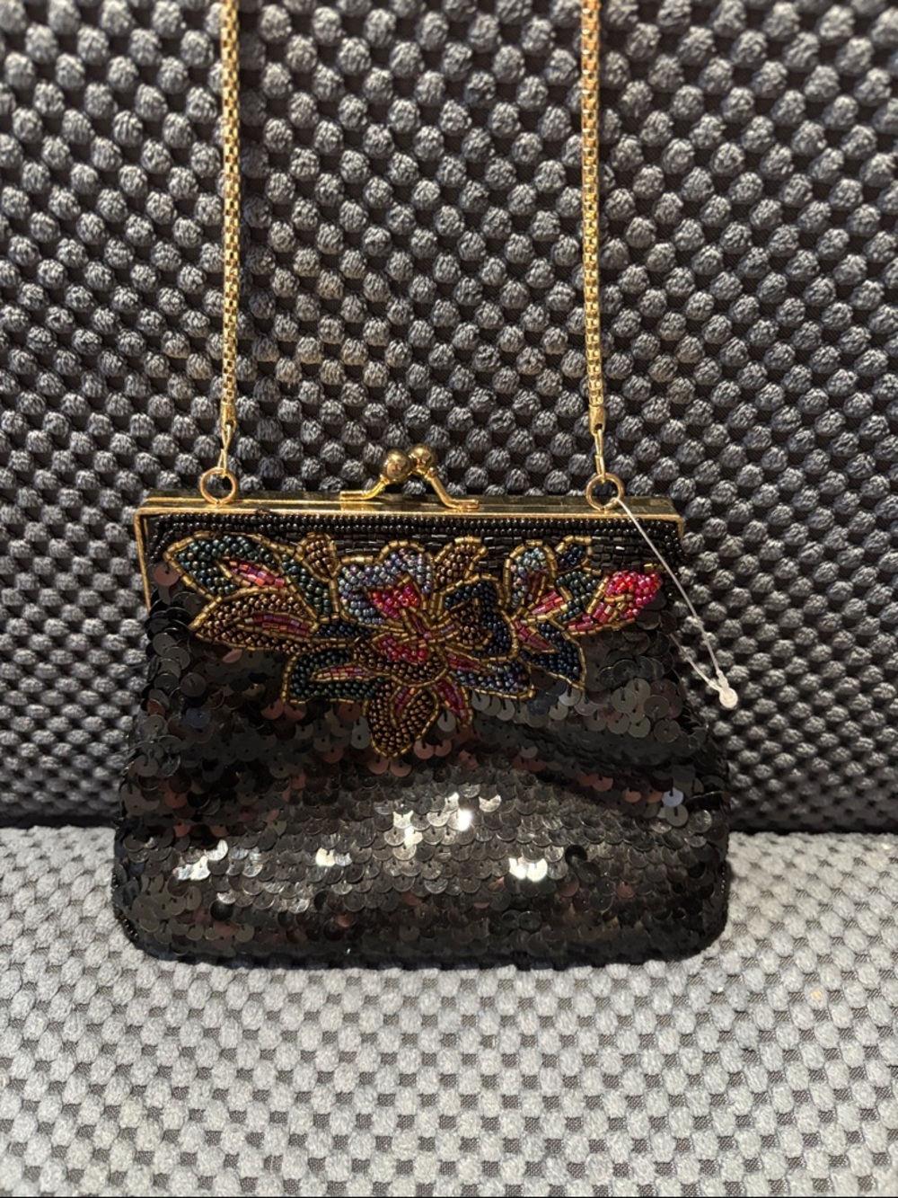 Embellished La Regale Black Sequin Evening Bag with Gold Chain(Vintage)